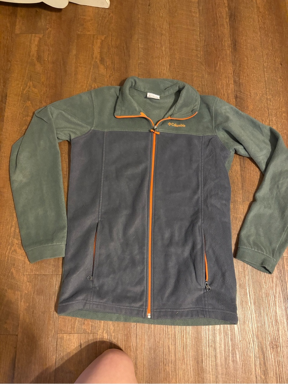 Columbia Olive Green & Navy Fleece Jacket with Orange Trim size kid xl